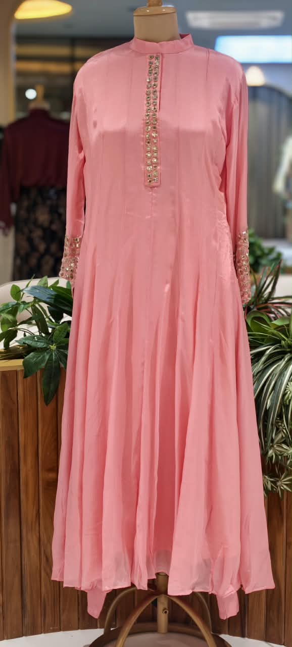 Pastel Tone Elegant Stone Work Over Neckline & Sleeves Full Neck Chinon Panel Anarkali Full Suit Set With Dupatta- 16305