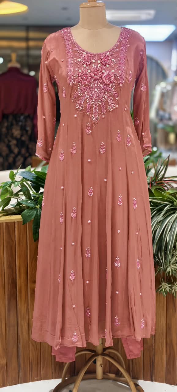 Sequin Elegance Premium Embroidered Yoke Chinon Anarkali Full Suit Set With Dupatta- 16314