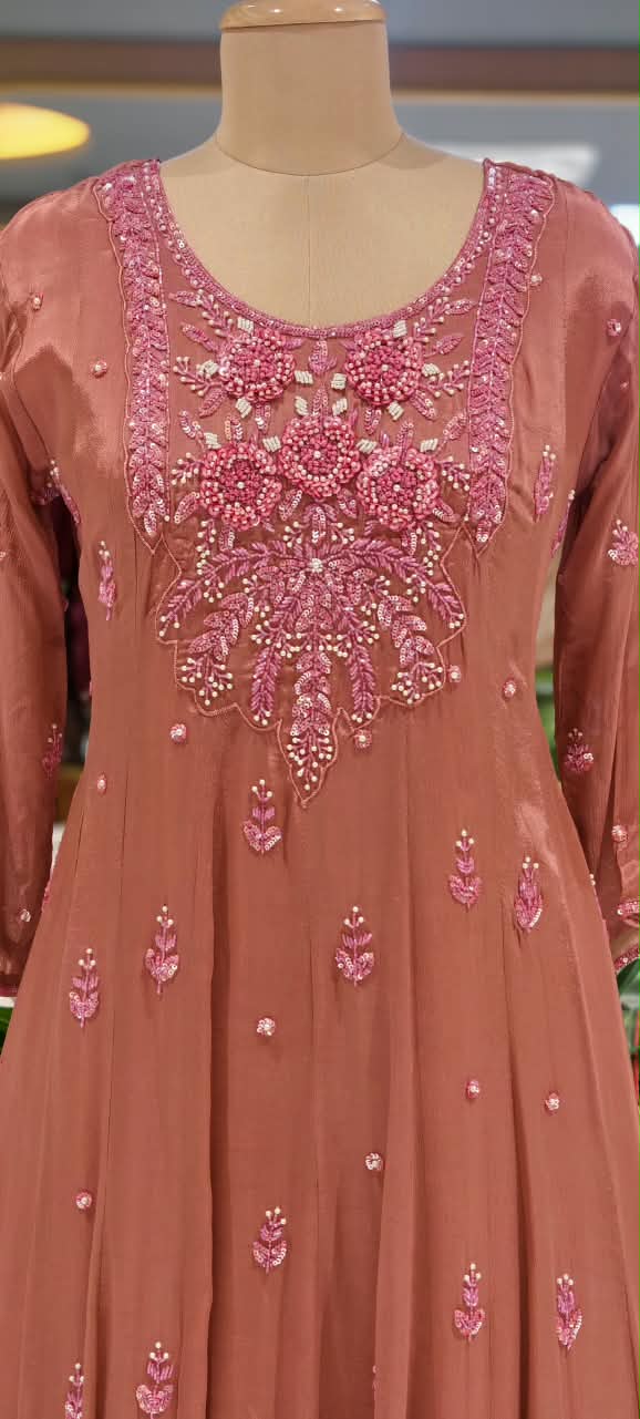 Sequin Elegance Premium Embroidered Yoke Chinon Anarkali Full Suit Set With Dupatta- 16314