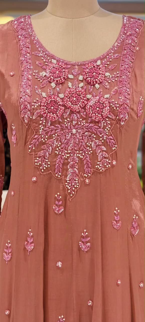 Sequin Elegance Premium Embroidered Yoke Chinon Anarkali Full Suit Set With Dupatta- 16314