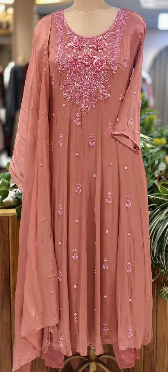 Sequin Elegance Premium Embroidered Yoke Chinon Anarkali Full Suit Set With Dupatta- 16314