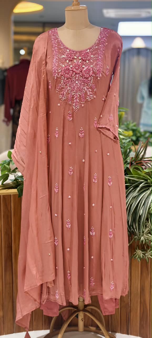 Sequin Elegance Premium Embroidered Yoke Chinon Anarkali Full Suit Set With Dupatta- 16314