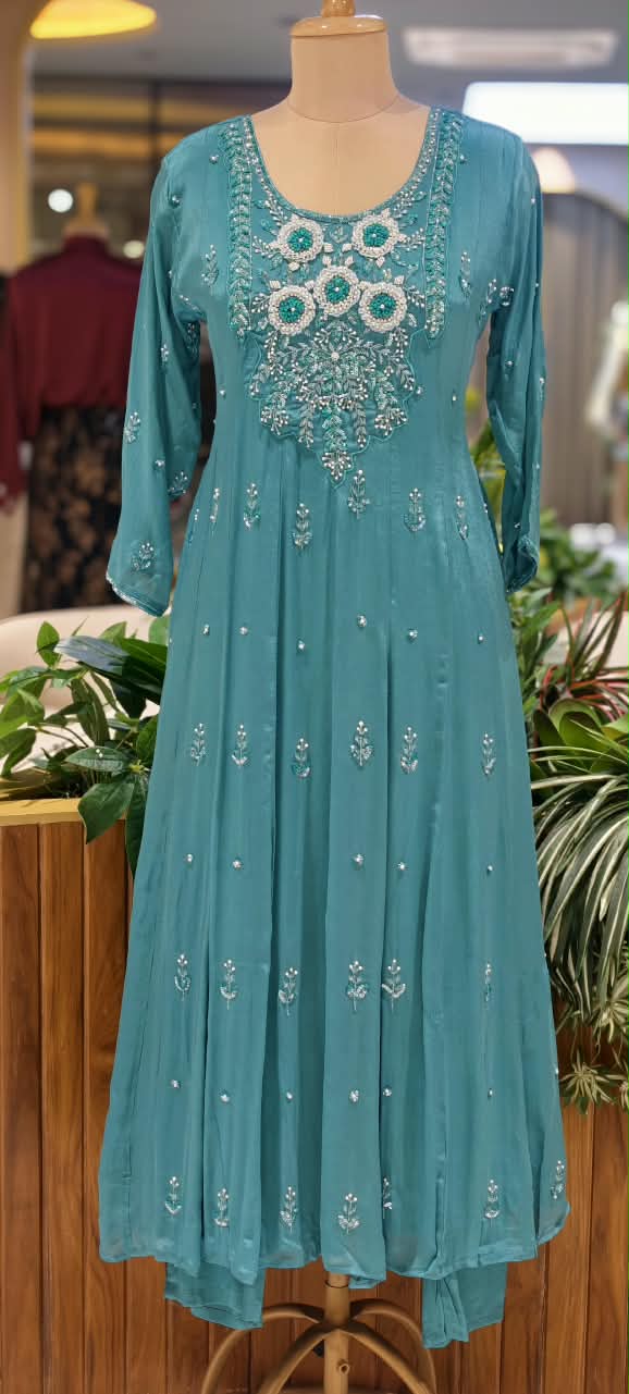 Sequin Elegance Premium Embroidered Yoke Chinon Anarkali Full Suit Set With Dupatta- 16314