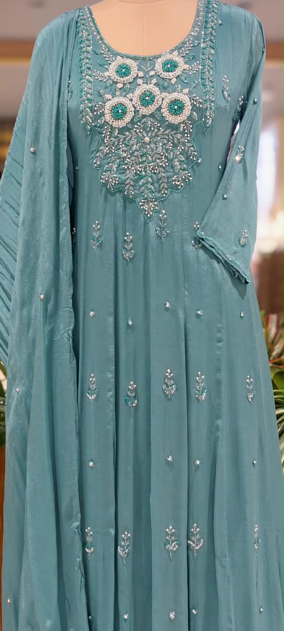 Sequin Elegance Premium Embroidered Yoke Chinon Anarkali Full Suit Set With Dupatta- 16314