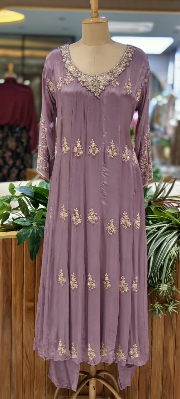 Elegant Mauve Designer Embroidery Work Heavy Panels Chinon Anarkali Full Suit Set With Dupatta- 16326