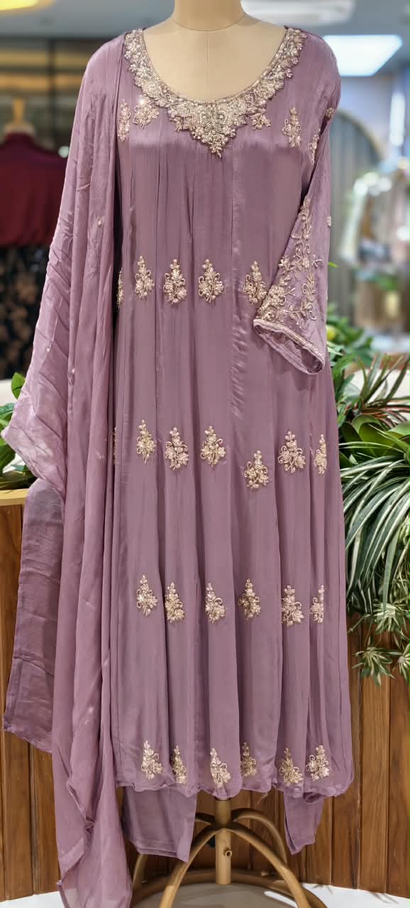 Elegant Mauve Designer Embroidery Work Heavy Panels Chinon Anarkali Full Suit Set With Dupatta- 16326