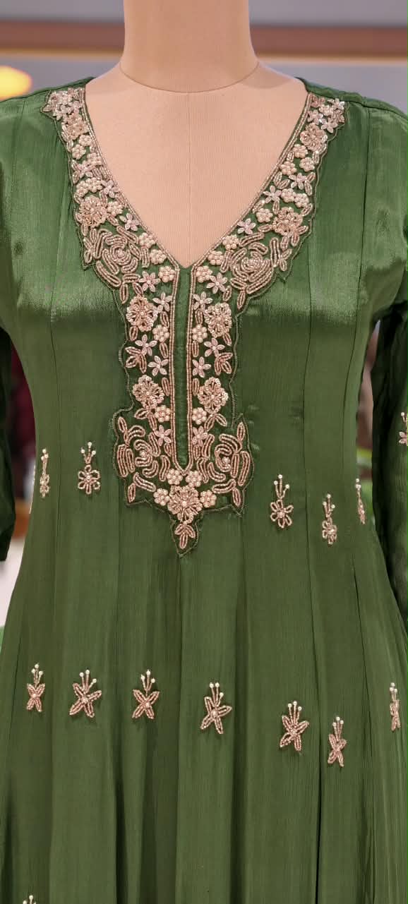 Graceful Green Elegant Embroidery Heavy Panels Chinon Anarkali Full Suit Set With Dupatta- 16325