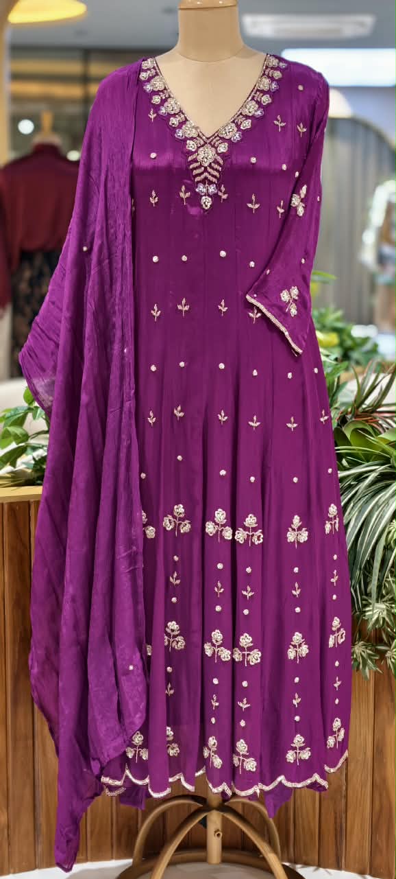 Vibrant Tone Cut-Dana Elegance Panel Anarkali Full Suit Set With Dupatta In Chinon Fabric- 16327