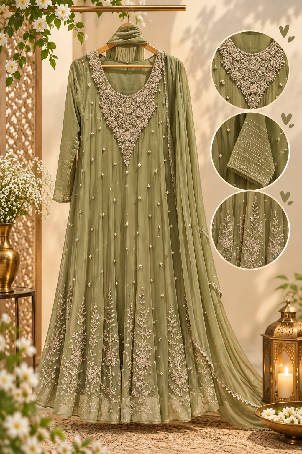 Heavy Zardozi Blend Embroidery Work Anarkali Suit Set with Pearl/Sequins Booti Work In Chinon Fabric- 16235