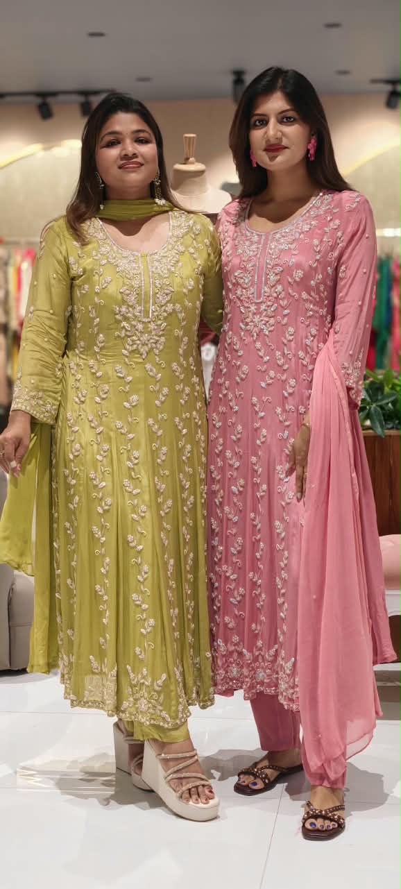 Fully Cut-Dana Hand Embroidered Heavy Panel Anarkali Full Suit Set With Dupatta In Chinon Fabric- 16324
