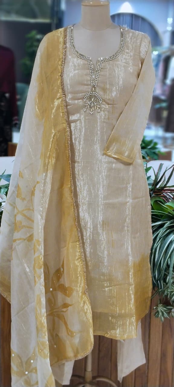 Kundan Look Embroidery Neckline Minimal Ombre Tone Tissue Full Suit Set With Dupatta- 16310