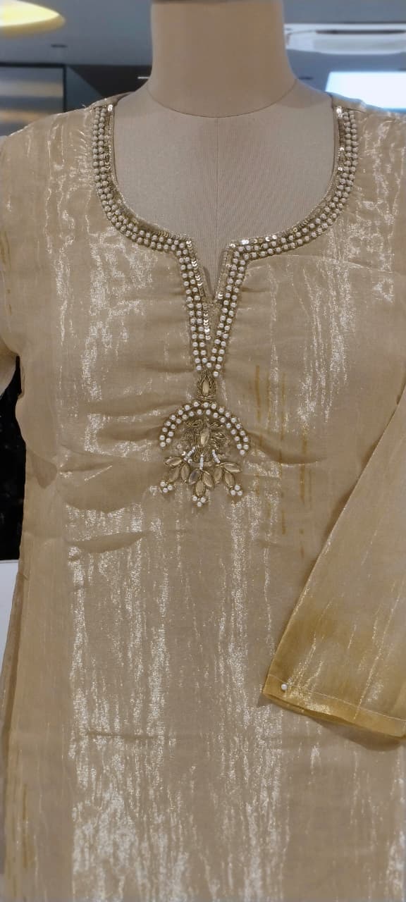 Kundan Look Embroidery Neckline Minimal Ombre Tone Tissue Full Suit Set With Dupatta- 16310