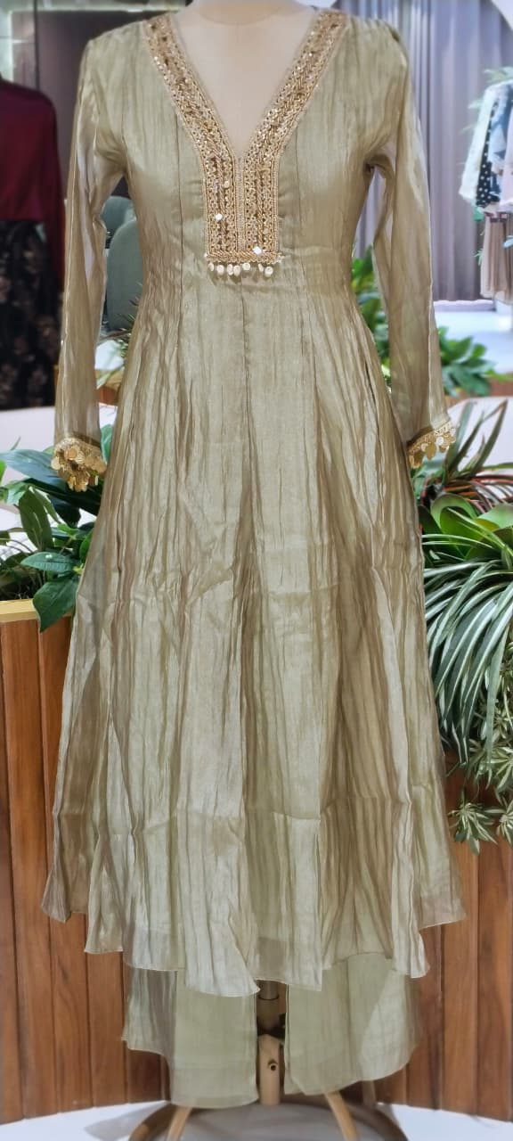 Premium Beaded Embroidery Neckline With Foil Coin Tassels Crush Tissue Panel Anarkali Full Suit Set With Dupatta- 16304