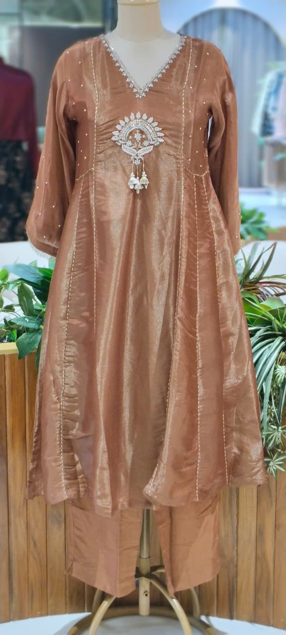 Premium Designer Kundan Look Embroidered Tissue Lace Panel Anarkali Full Suit Set With Dupatta- 16297
