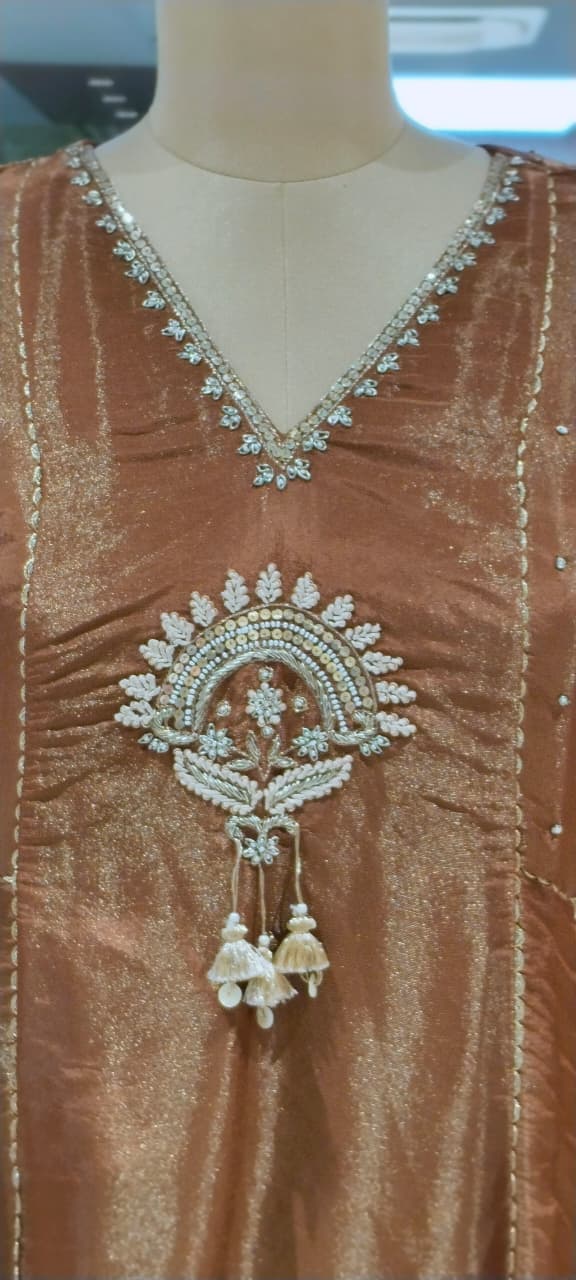 Premium Designer Kundan Look Embroidered Tissue Lace Panel Anarkali Full Suit Set With Dupatta- 16297