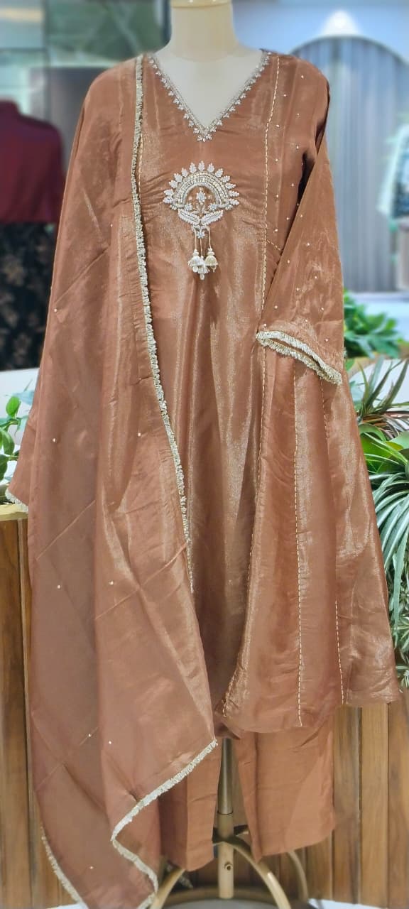 Premium Designer Kundan Look Embroidered Tissue Lace Panel Anarkali Full Suit Set With Dupatta- 16297
