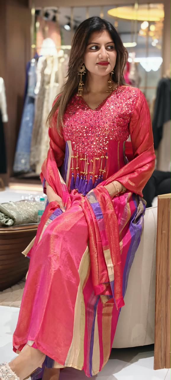 Orange Tissue Mirror Work Panel Anarkali Full Suit Set with Ghungroo Tassel Yoke Detailing & Striped Side Panels- 16231