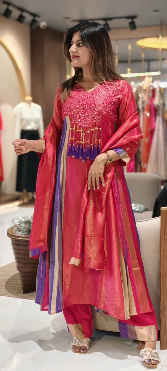 Orange Tissue Mirror Work Panel Anarkali Full Suit Set with Ghungroo Tassel Yoke Detailing & Striped Side Panels- 16231