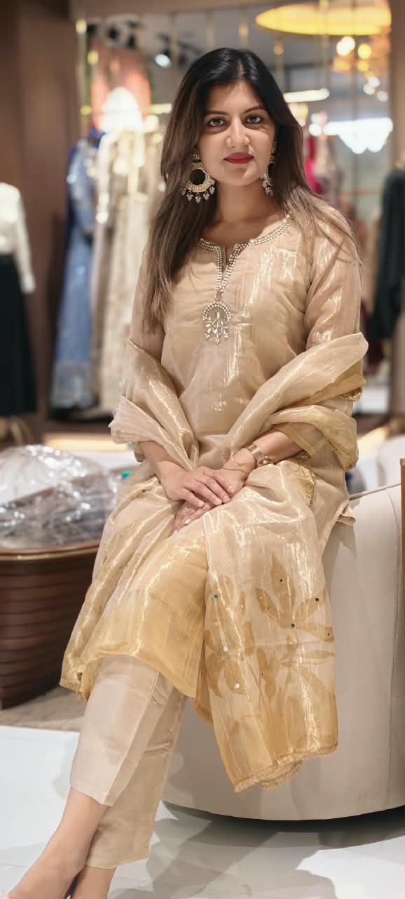 Kundan Look Embroidery Neckline Minimal Ombre Tone Tissue Full Suit Set With Dupatta- 16310