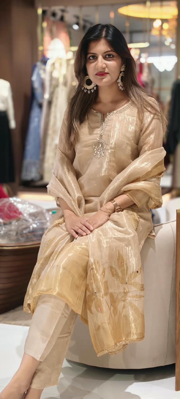 Kundan Look Embroidery Neckline Minimal Ombre Tone Tissue Full Suit Set With Dupatta- 16310