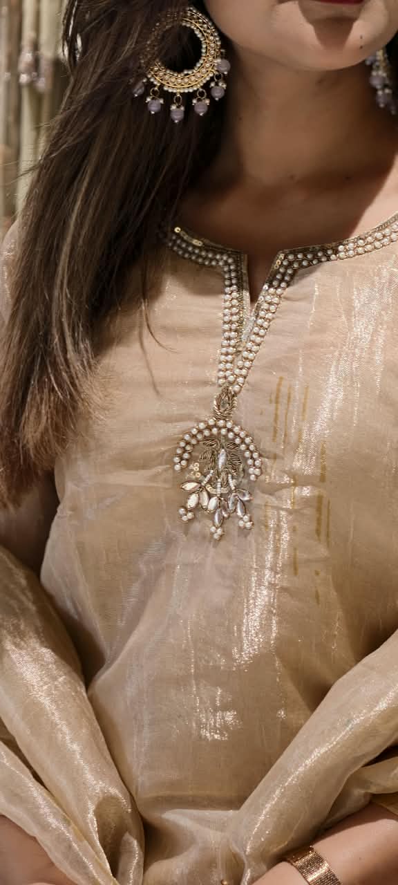 Kundan Look Embroidery Neckline Minimal Ombre Tone Tissue Full Suit Set With Dupatta- 16310