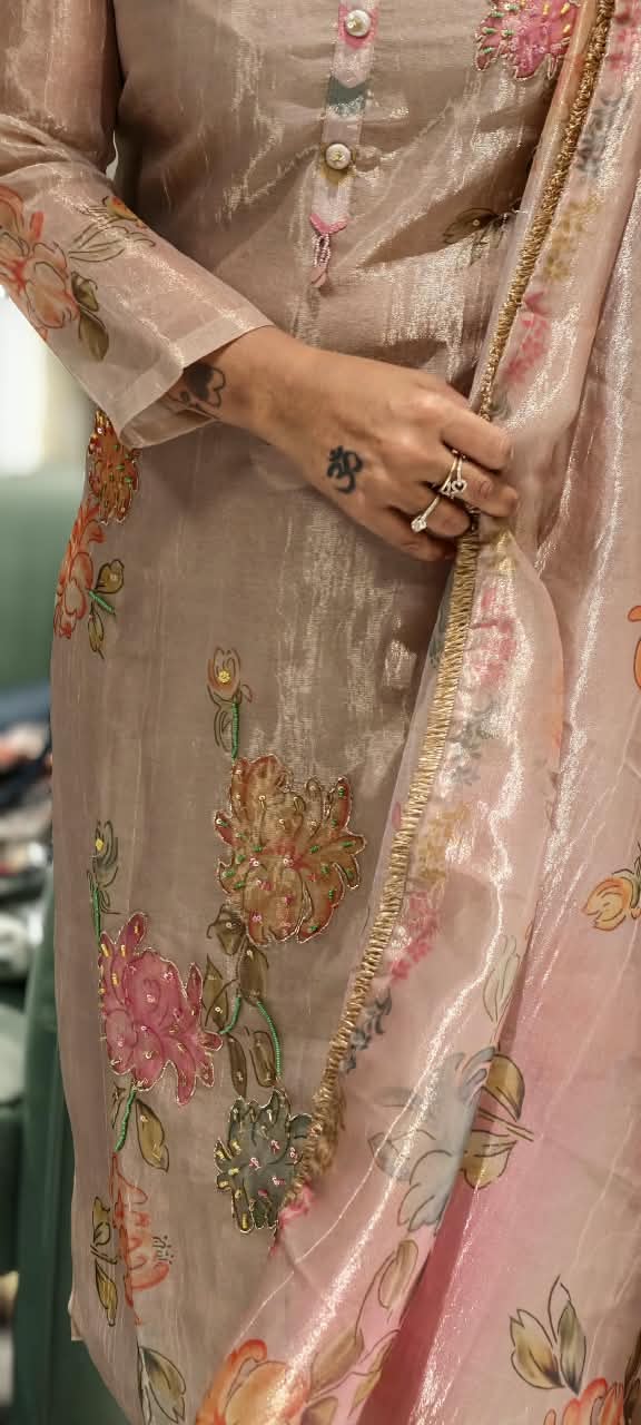 Multicolor Floral Prints With Delicate Outlined Embroidery Kanchipuram Tissue Full Suit Set With Dupatta- 16299