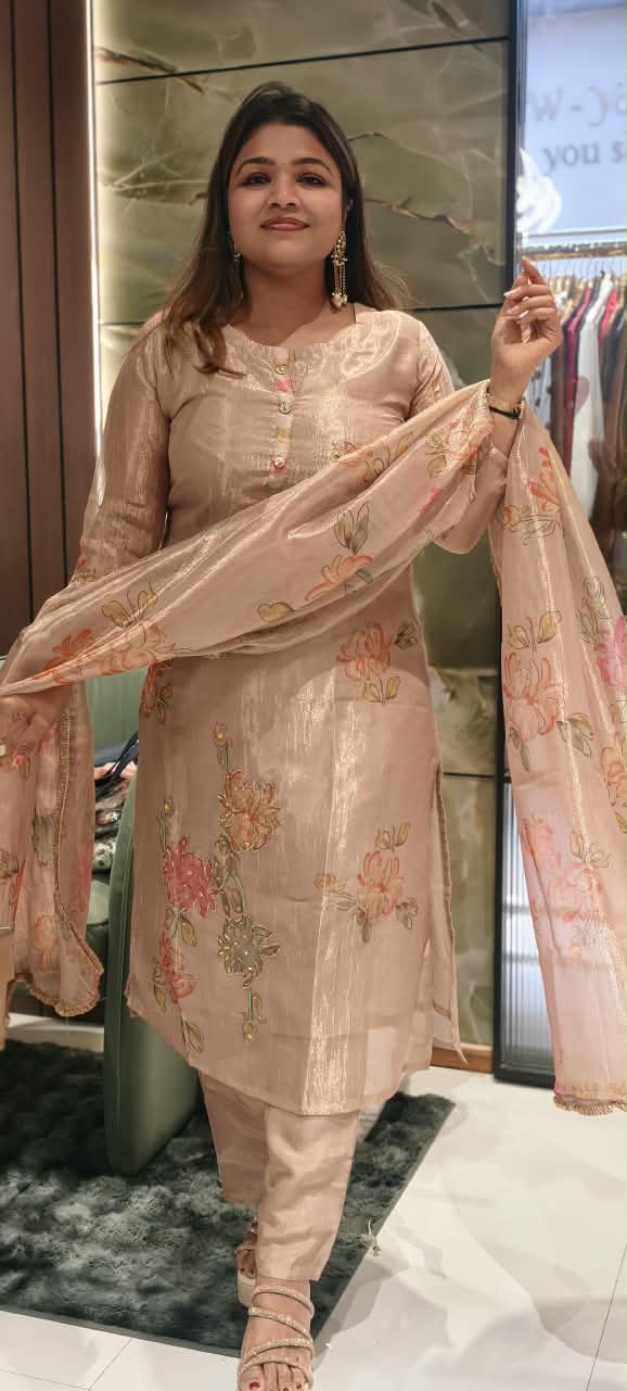 Multicolor Floral Prints With Delicate Outlined Embroidery Kanchipuram Tissue Full Suit Set With Dupatta- 16299