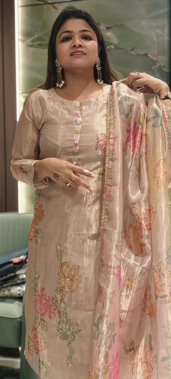 Multicolor Floral Prints With Delicate Outlined Embroidery Kanchipuram Tissue Full Suit Set With Dupatta- 16299