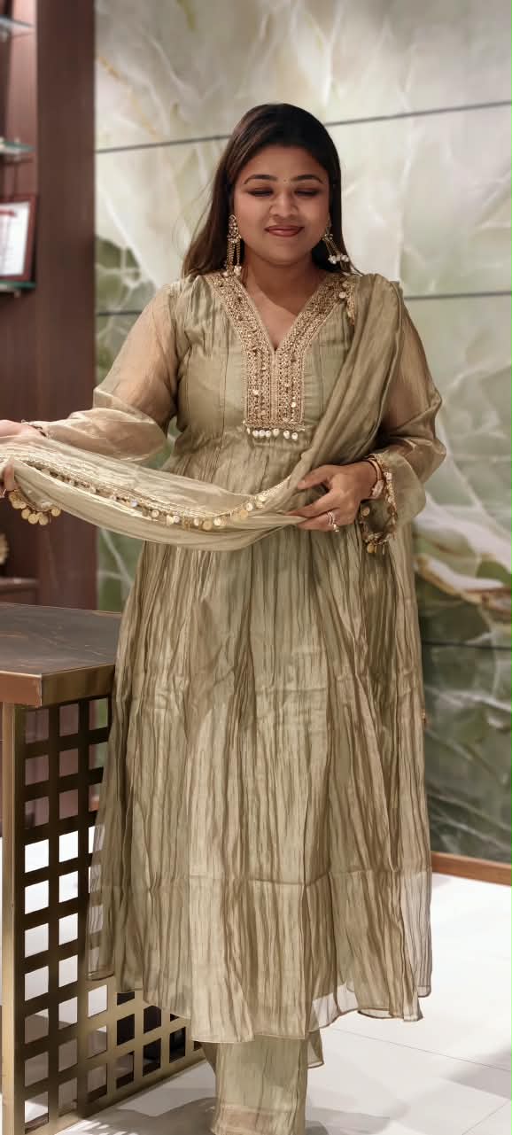 Premium Beaded Embroidery Neckline With Foil Coin Tassels Crush Tissue Panel Anarkali Full Suit Set With Dupatta- 16304