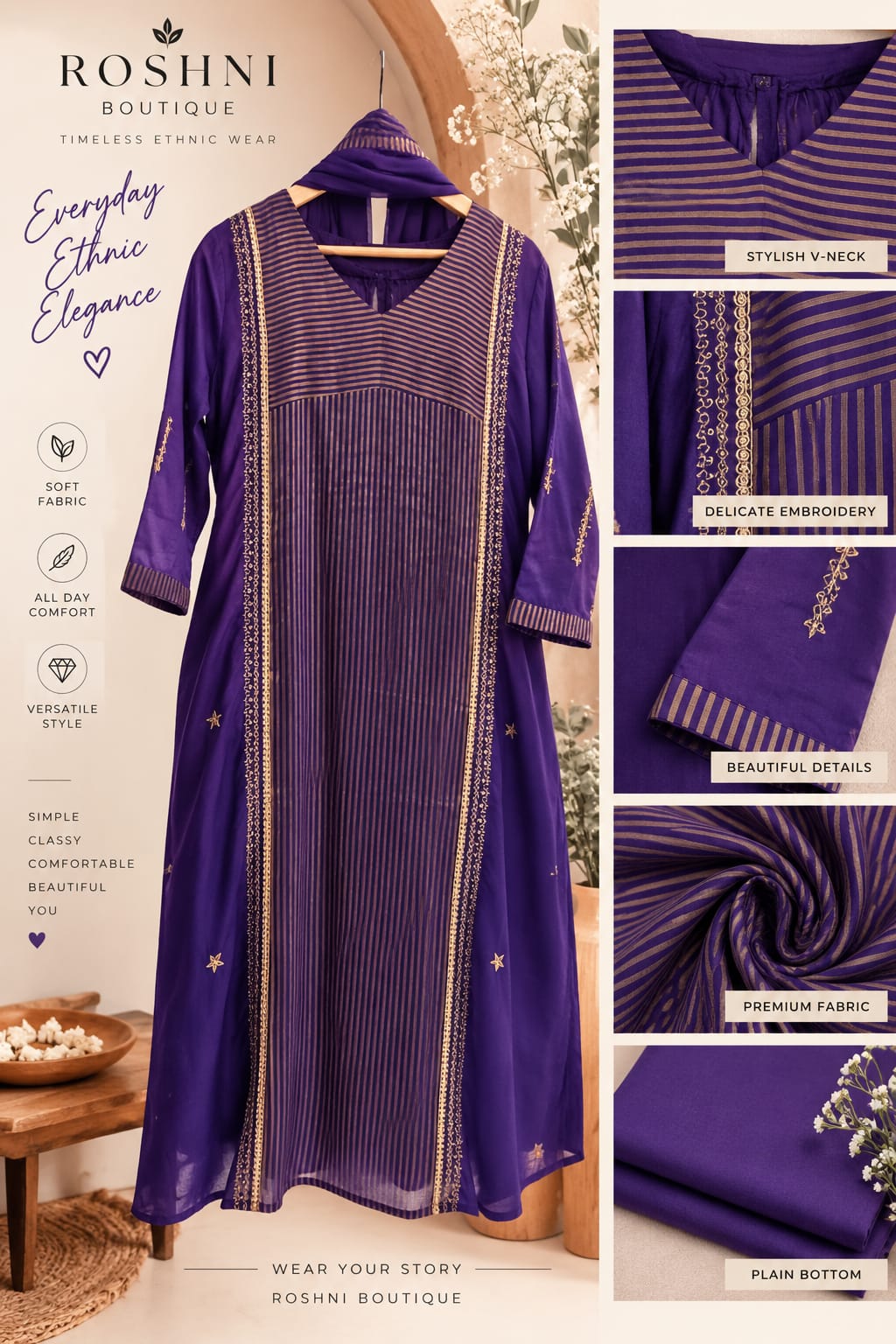 Golden Stripes Intricate Sequin Embroidery Banarasi Mul Chanderi A-Line Full Suit Set With Matching Dupatta- 16339
