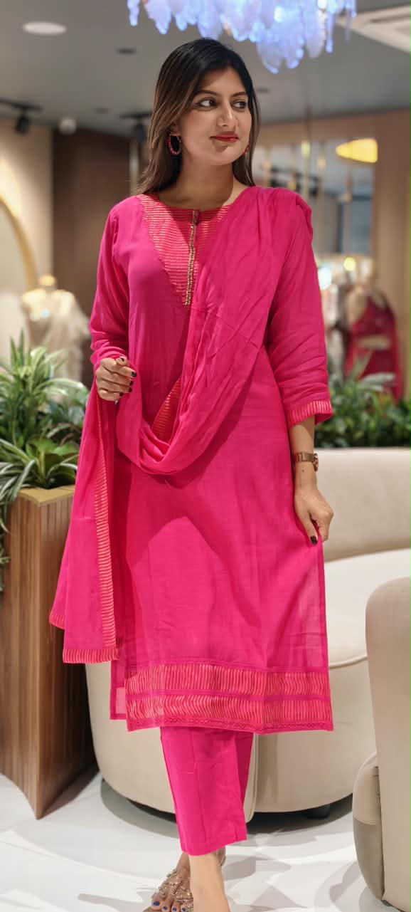 Rani Elegance Minimal Golden Stripes Sequin Neckline Banarasi Mul-Chanderi Straight Full Suit Set With Dupatta- 16349(Lean Fit)