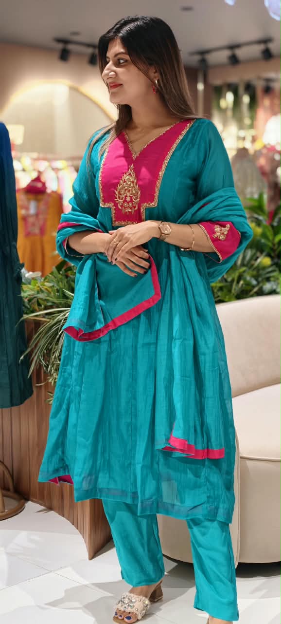 Vibrant Tone Contrasted Zardosi Work Anarkali Pure Banarsi Mul-Chanderi A-Line Full Suit Set With Dupatta- 16356