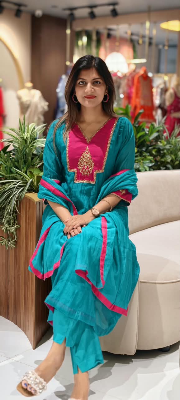 Vibrant Tone Contrasted Zardosi Work Anarkali Pure Banarsi Mul-Chanderi A-Line Full Suit Set With Dupatta- 16356