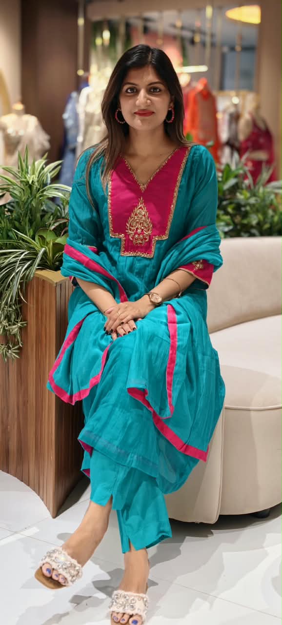 Vibrant Tone Contrasted Zardosi Work Anarkali Pure Banarsi Mul-Chanderi A-Line Full Suit Set With Dupatta- 16356