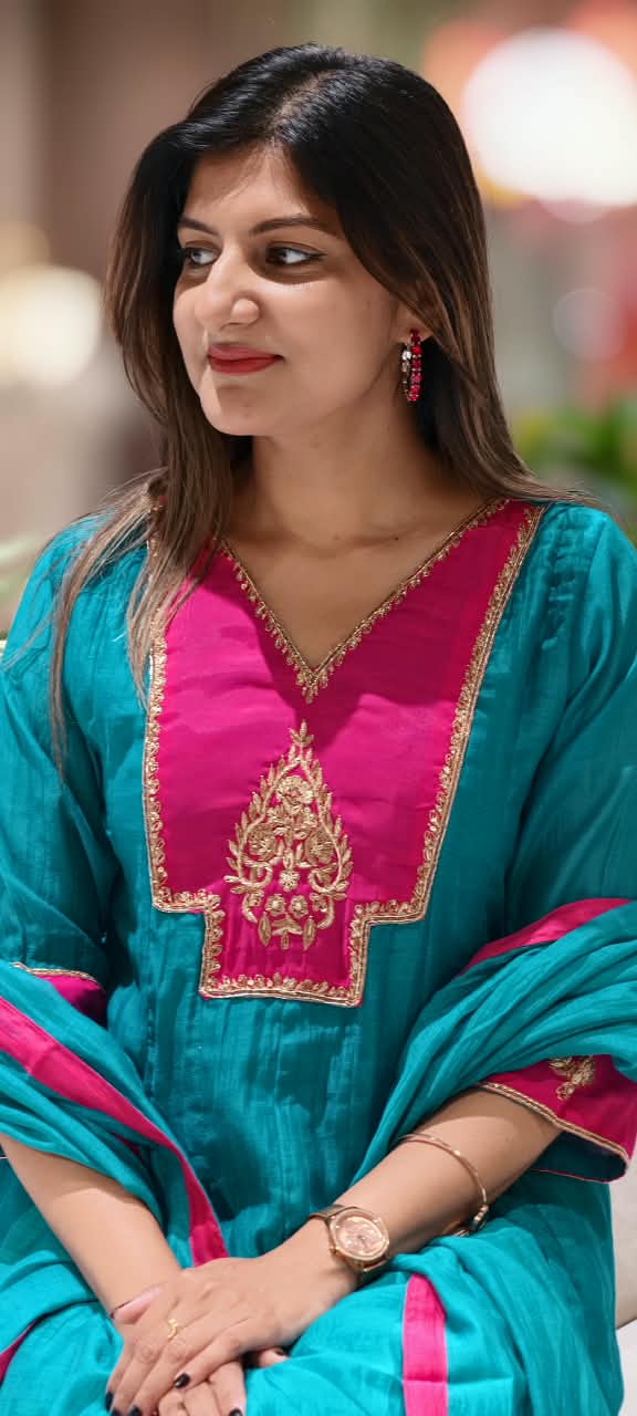 Vibrant Tone Contrasted Zardosi Work Anarkali Pure Banarsi Mul-Chanderi A-Line Full Suit Set With Dupatta- 16356
