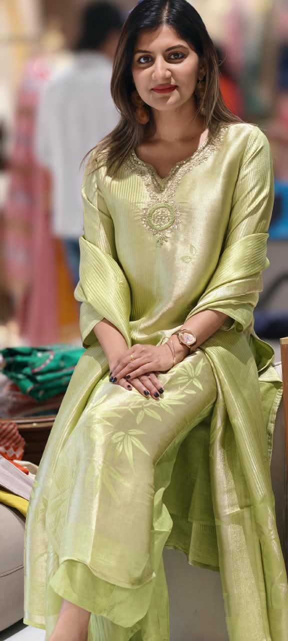 Graceful Green Minimal Neckline A-Line Kanchipuram Silk Straight Full Suit Set With Floral Embossed Dupatta- 16351