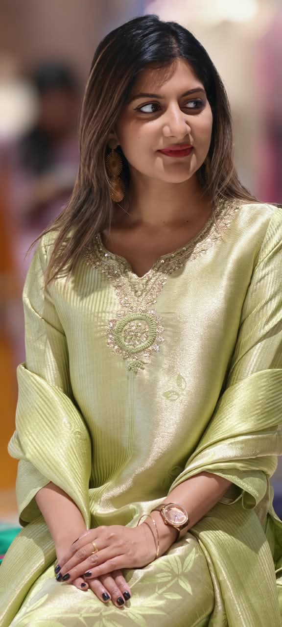 Graceful Green Minimal Neckline A-Line Kanchipuram Silk Straight Full Suit Set With Floral Embossed Dupatta- 16351