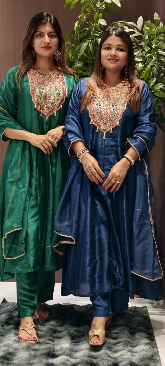 Mango Buti Dabka Brocade Embroidered Yoke Panel Pure Silk Anarkali Full Suit Set With Dupatta- 16378