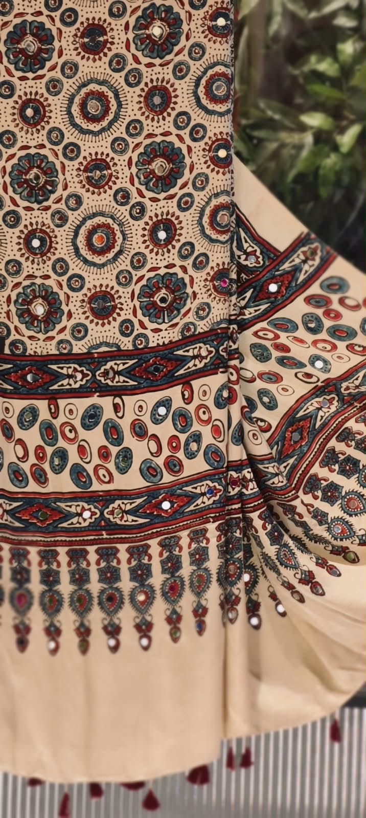 Ajrakh Block Printed Dupatta Only With Mirror Work & Tassels- 16398