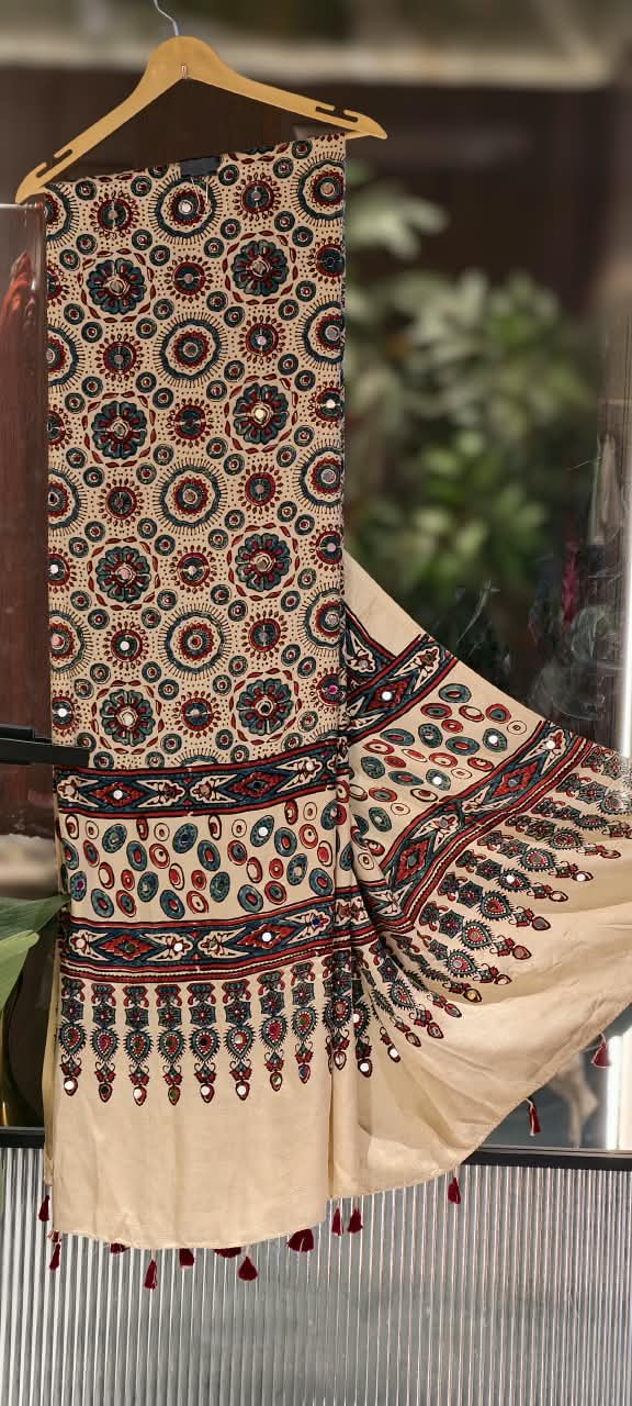 Ajrakh Block Printed Dupatta Only With Mirror Work & Tassels- 16398