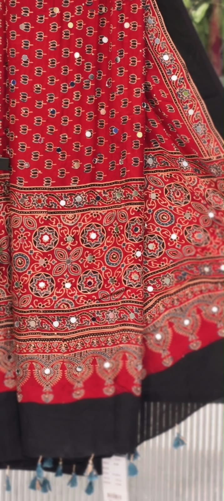 Ajrakh Block Printed Dupatta Only With Mirror Work & Tassels- 16398