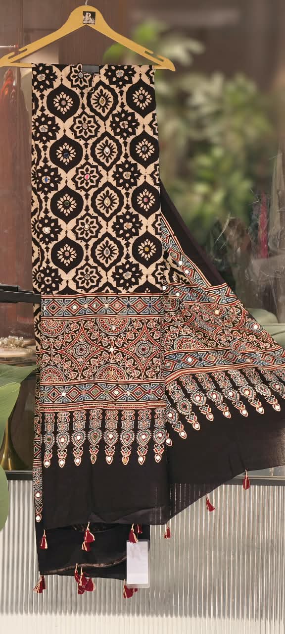Ajrakh Block Printed Dupatta Only With Mirror Work & Tassels- 16398