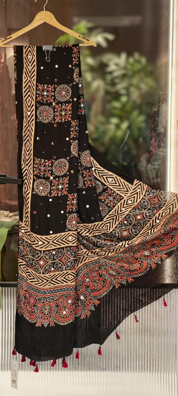 Rich Real Work Ajrakh Print Garba Inspired Thread Tasseled Dupatta- 16398