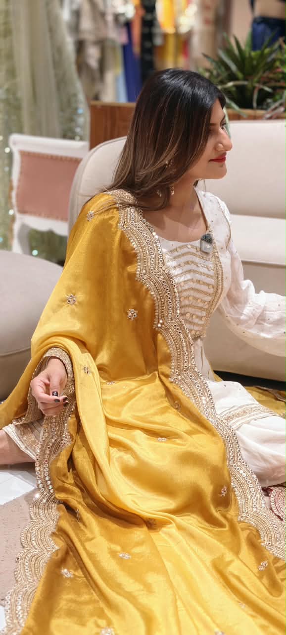Mustard Elegance Glazy Dupatta with Cutwork & Hand Embroidery- 16395