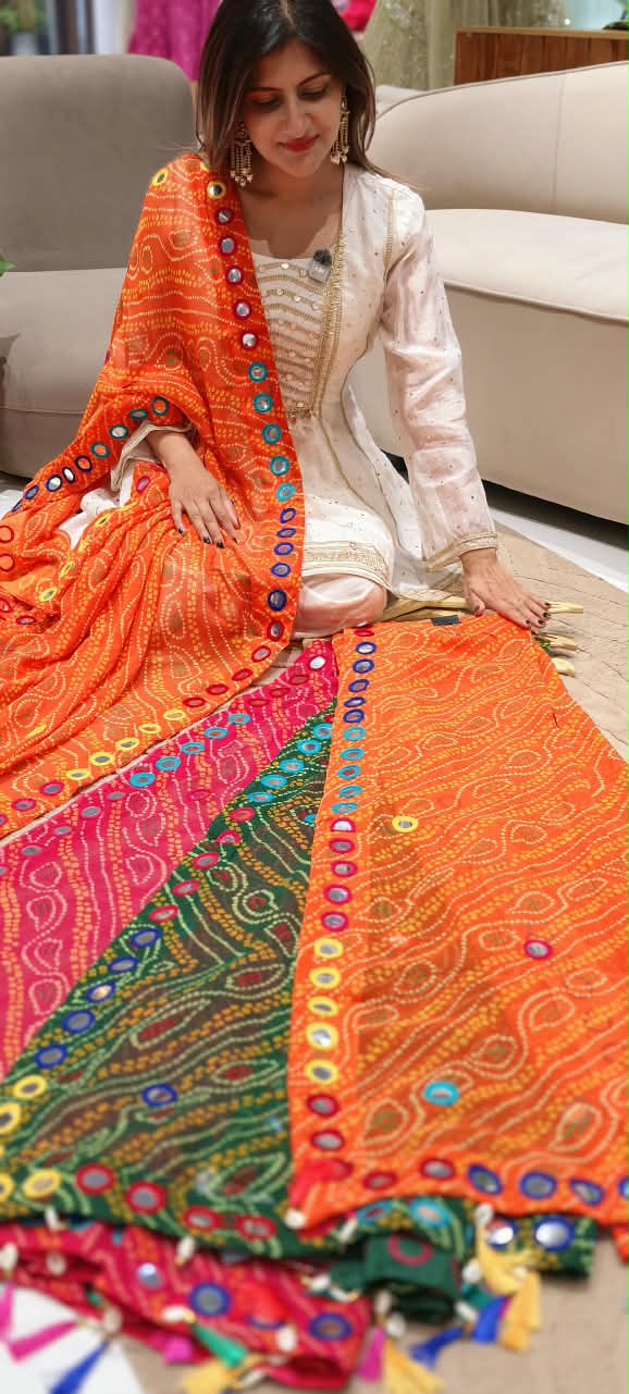 Bright Bandhani Printed Dupatta with Mirror Work & Colorful Tassels- 16396