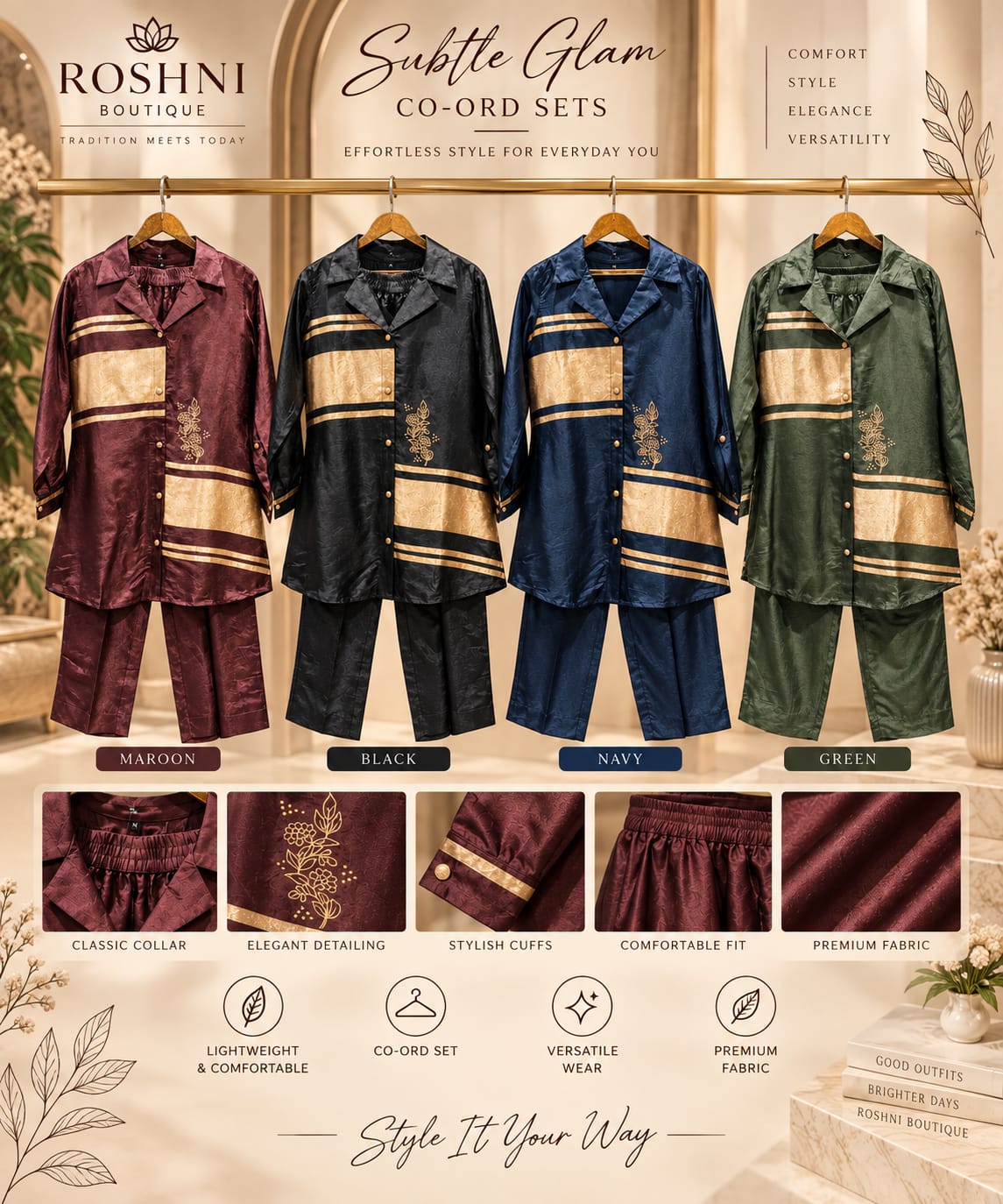 Zari Banarasi Touch Silk Fabric Stylish Matching Solid Color Co-Ord Set- 16403