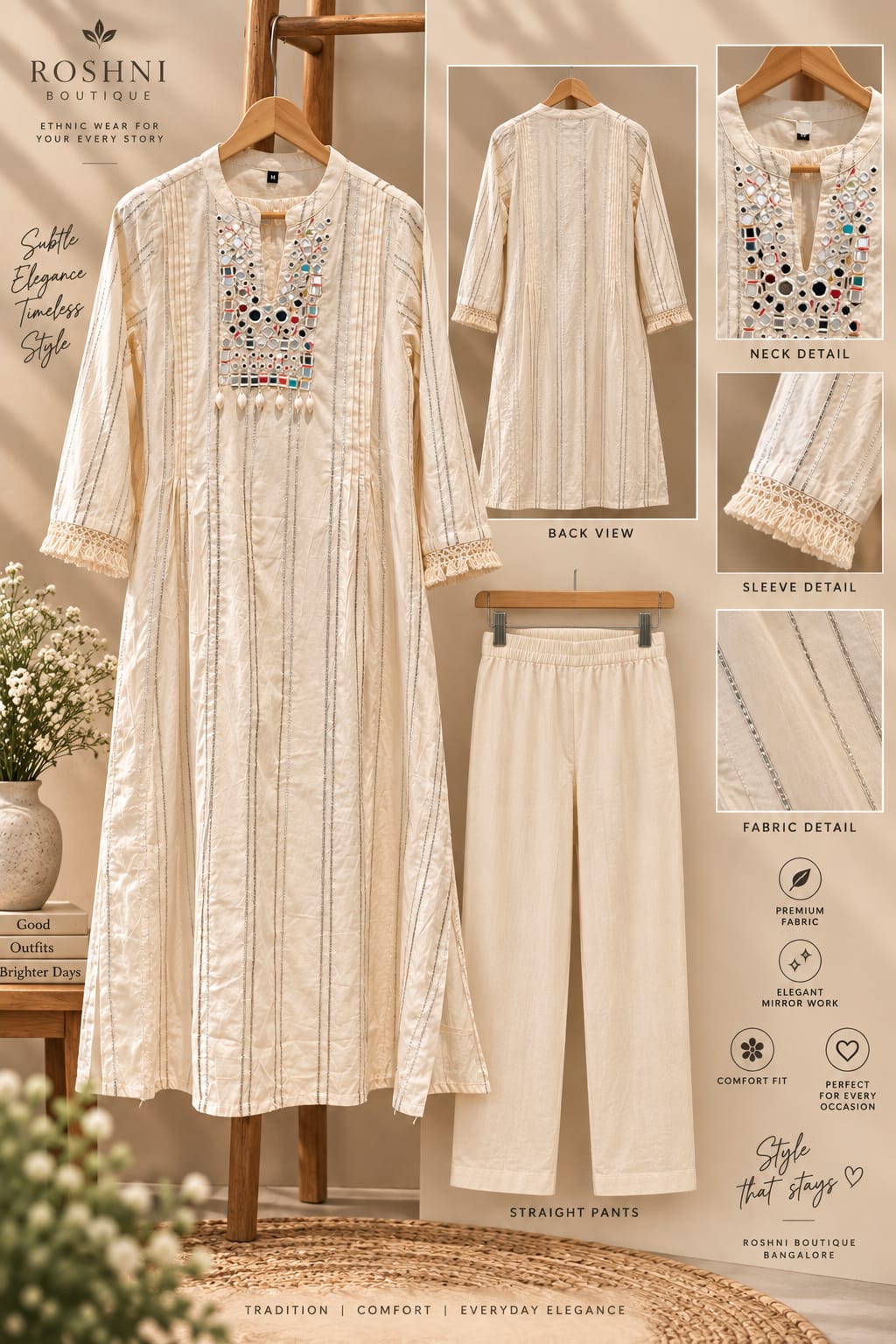 Real Mirror Yoke Cowrie Tassel Golden Lace A-Line Cotton Kurta Pant Set- 16366