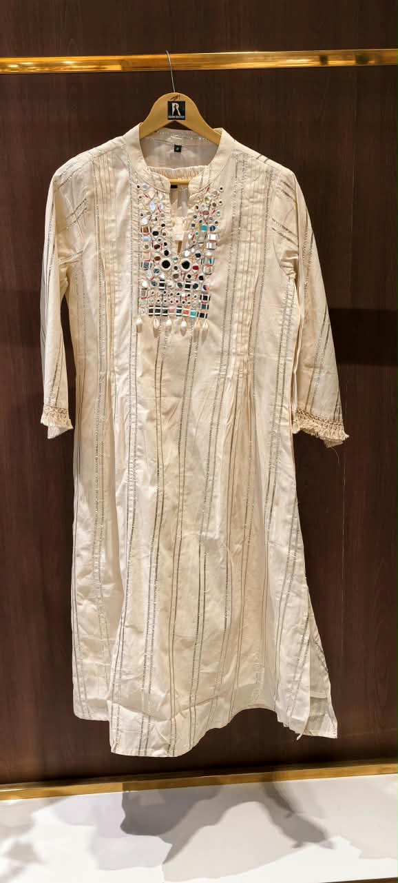 Real Mirror Yoke Cowrie Tassel Golden Lace A-Line Cotton Kurta Pant Set- 16366