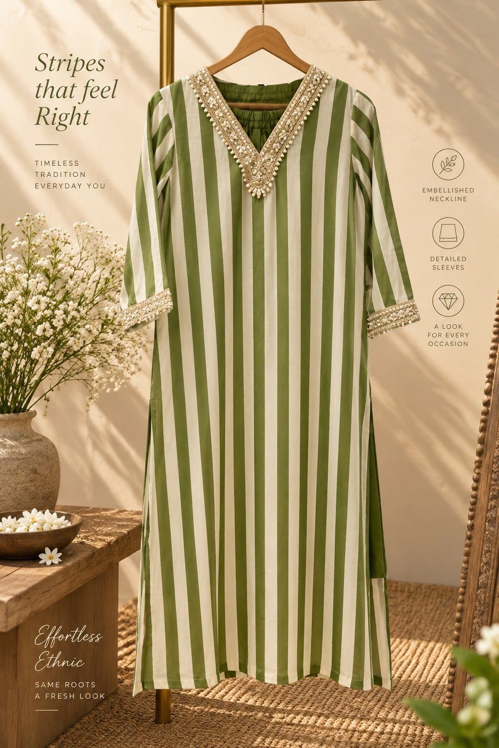 Gotta Work Lace V-Neck Linear Striped Chic Kurta Pant Set In Muslin Fabric- 16429