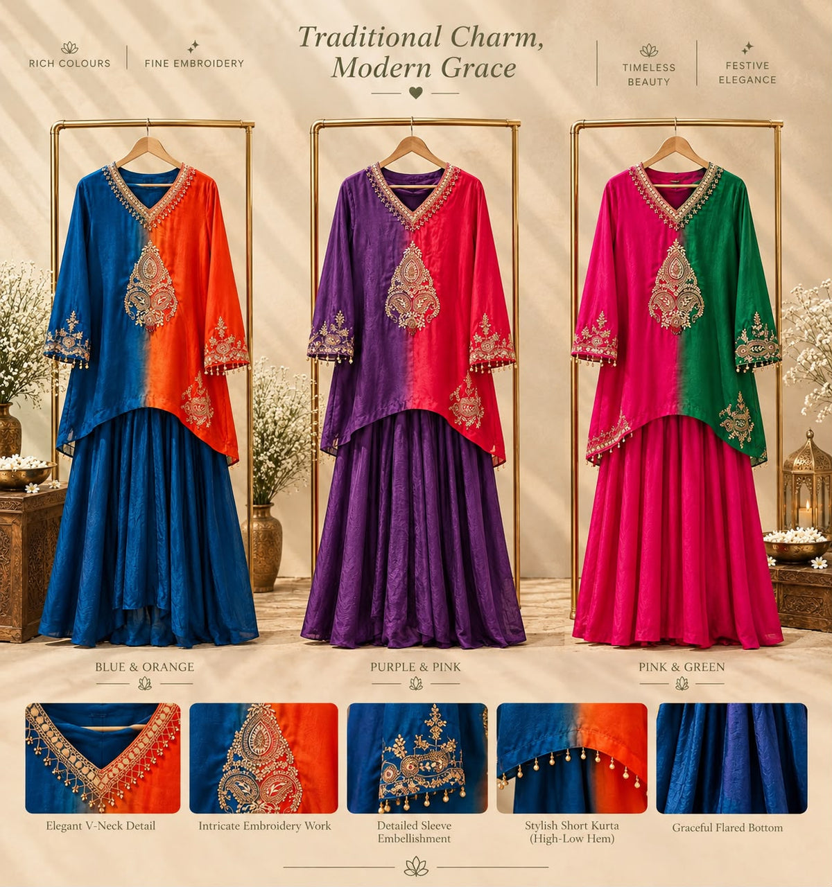 Delicate Zardosi Kundan Look Embroidered Work Twin Contrasted Indo-Wear High-Low Kurta With Drape Bottom- 16415